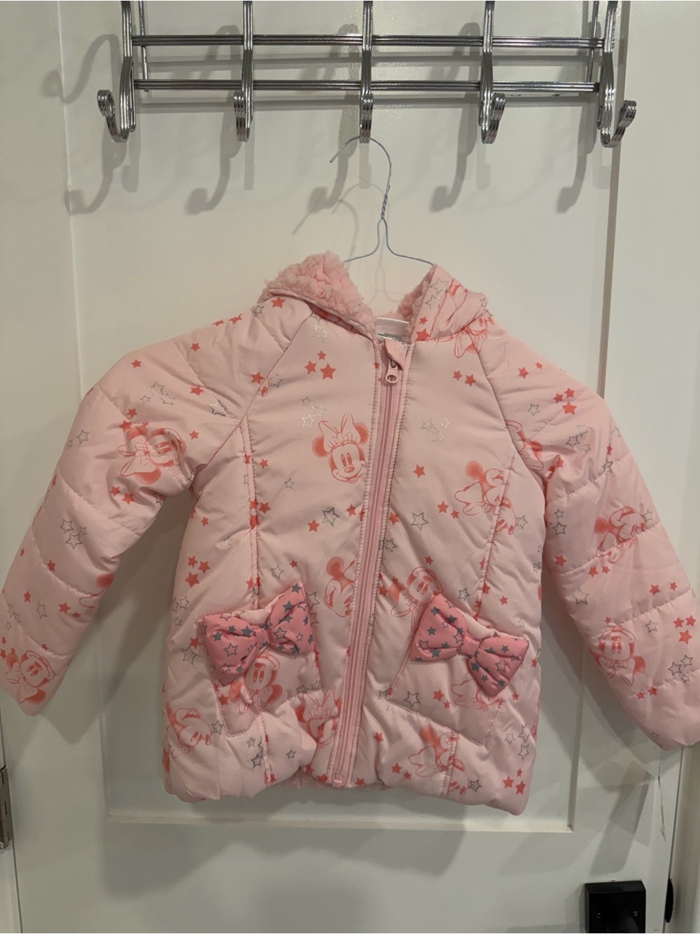 Disney Pink Minnie Mouse Hooded Puffer Jacket with Bow Pockets